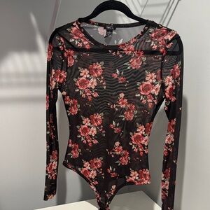 Rue21 Black Mesh Floral Long-Sleeve Bodysuit with Red Roses